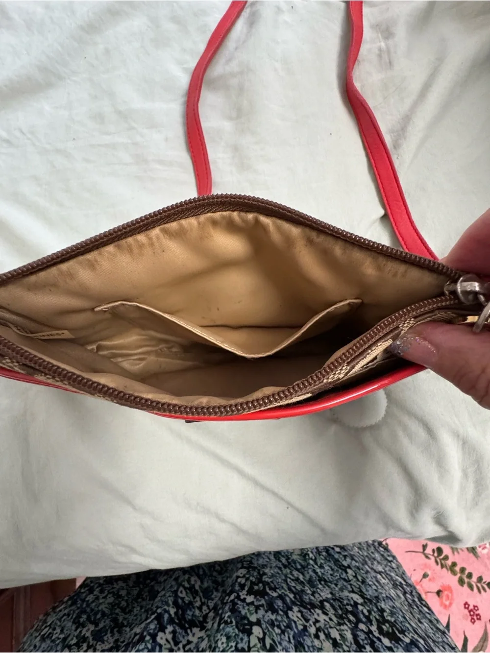 Coach Signature Jacquard Crossbody Bag with Orange Strap